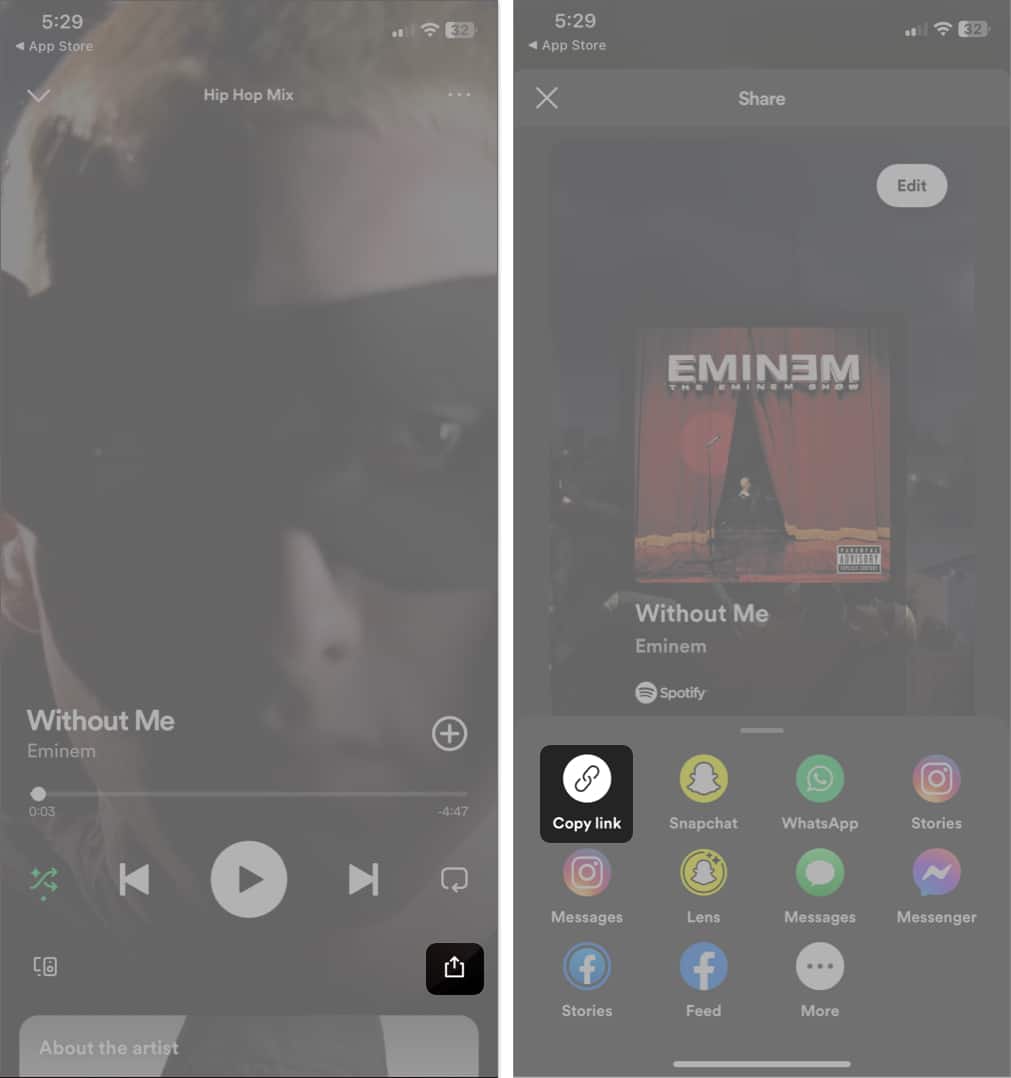 open song tap share button copy link in spotify
