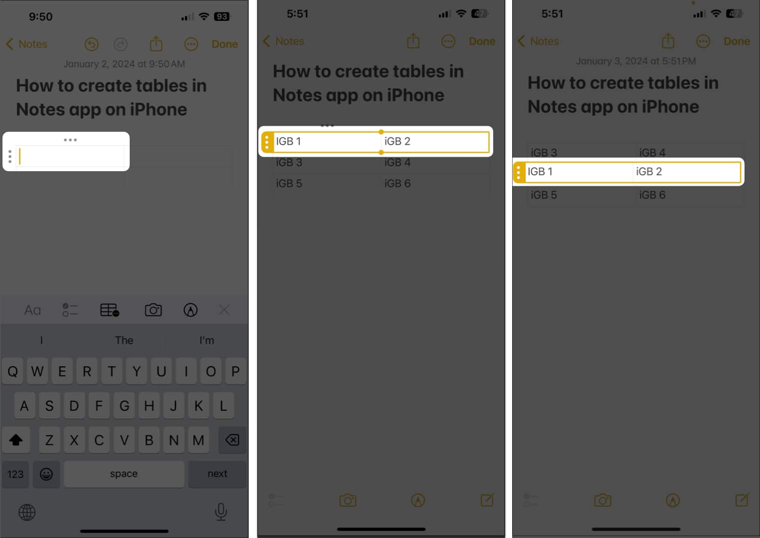 Rearranging rows and columns in notes app