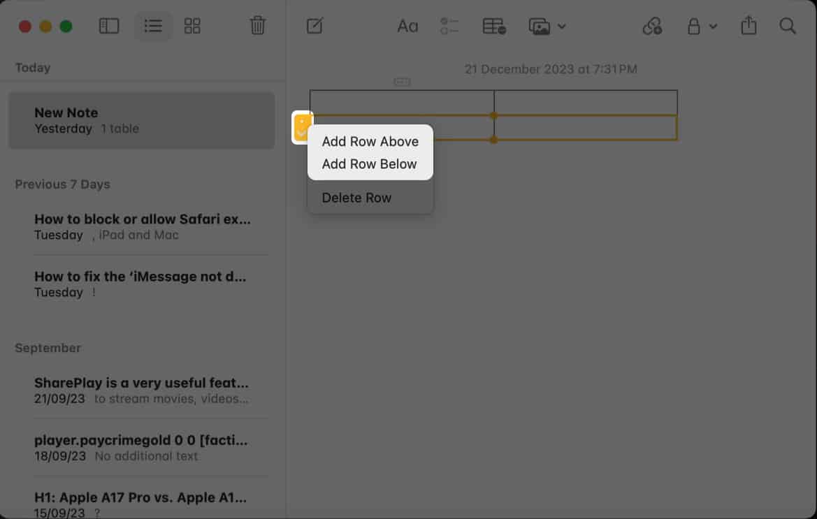 Select add row above or below