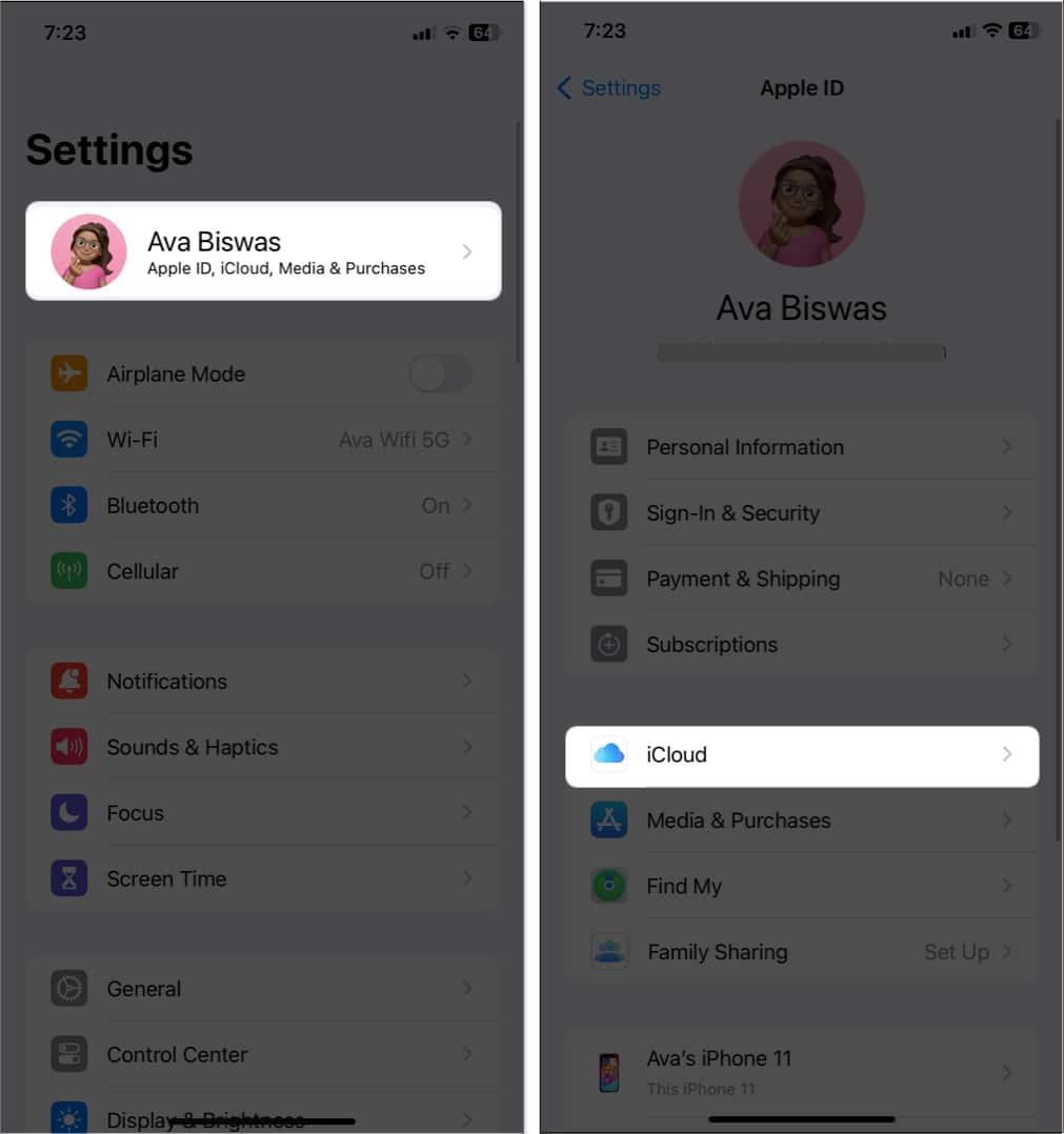 select apple id and tap icloud in settings