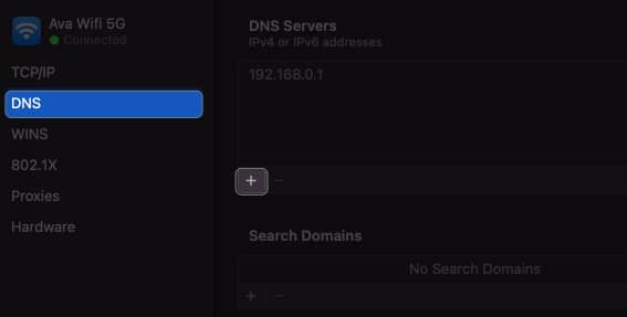 select dns, click plus sign in wi-fi settings