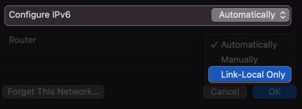 select dropdown beside configure ipv6, click link local only in wi-fi settings