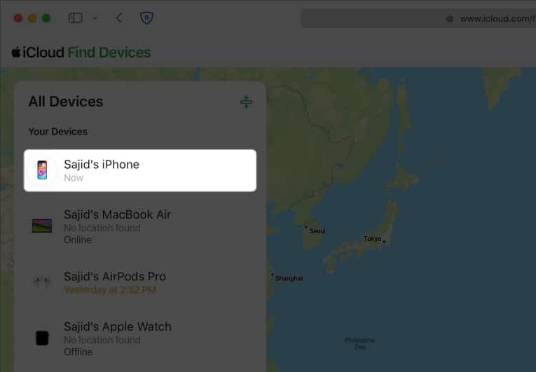 select iphone from find my list