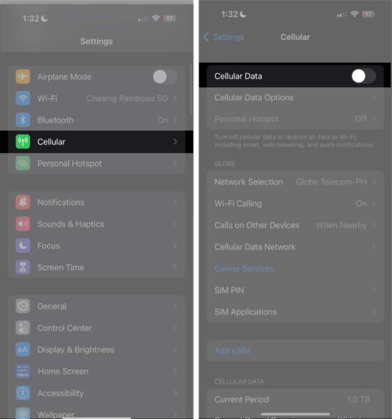 Tap cellular toggle of cellular data in settings