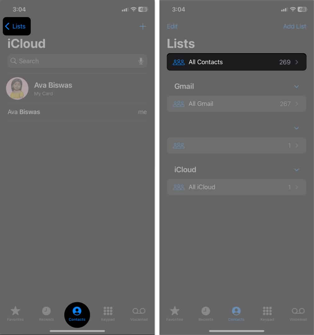 tap Lists, tap All Contacts in contacts