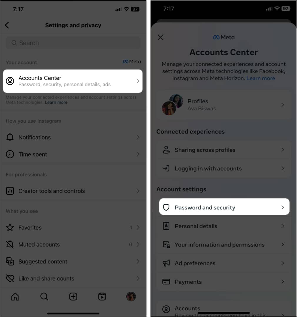 tap accounts center, select password and security in instagram settings