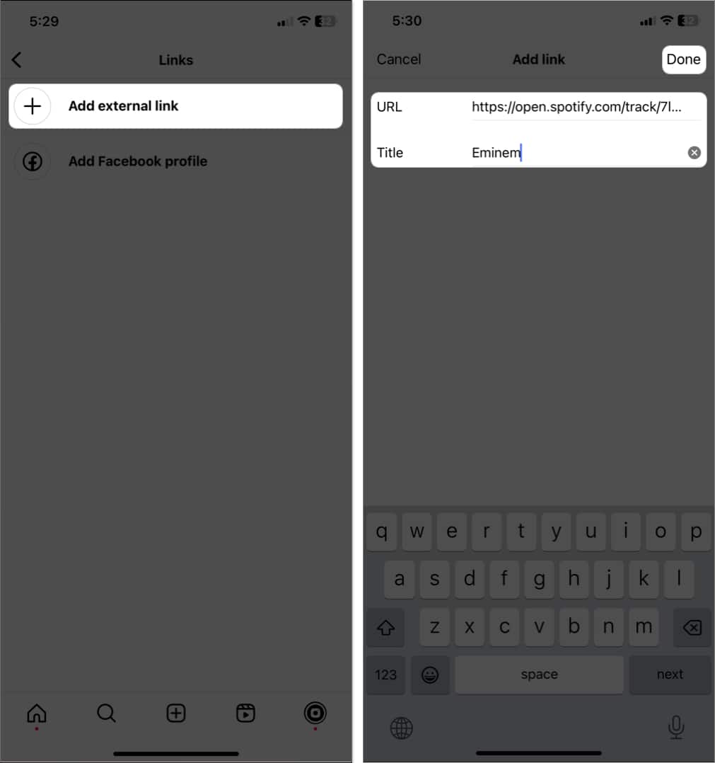 tap add external link paste music link tap done in instagram