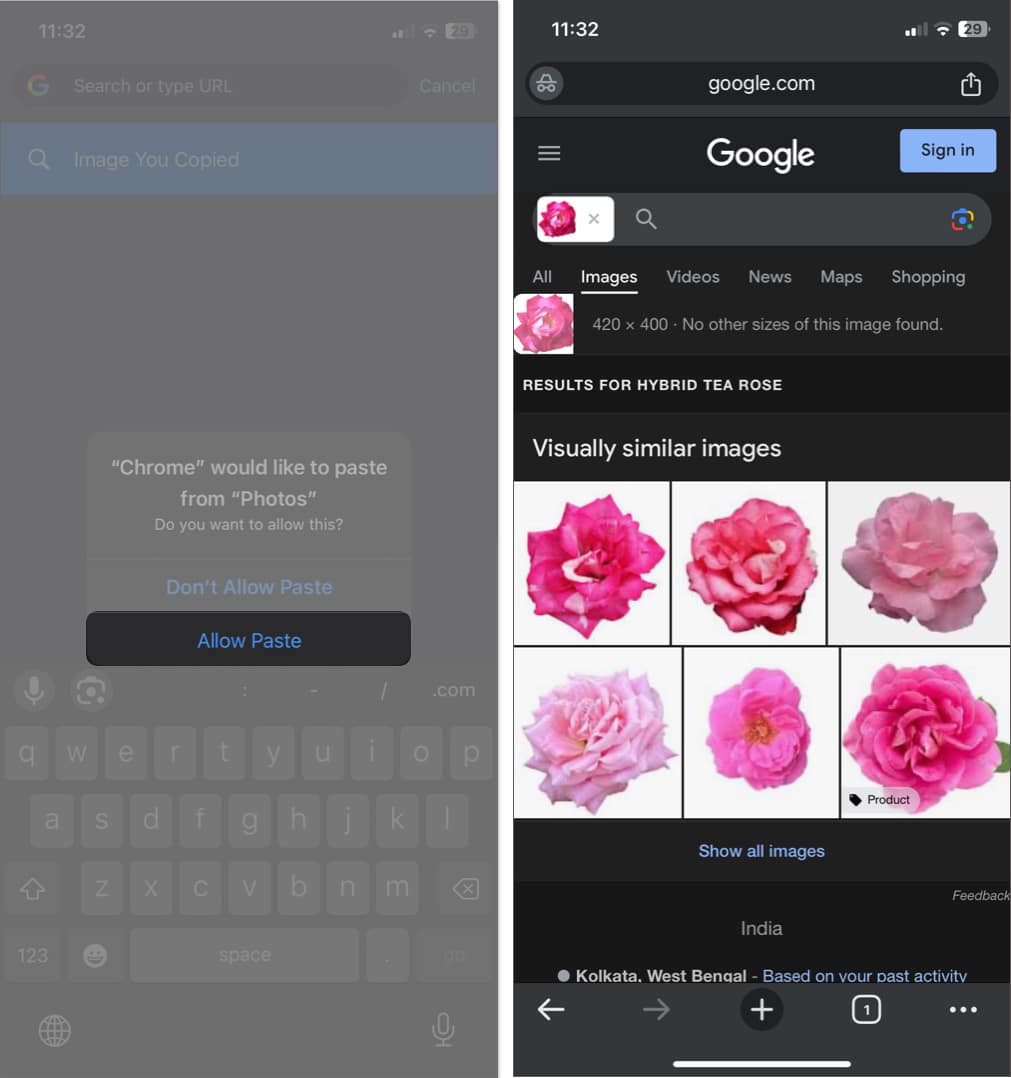tap allow paste to reverse image search on google chrome