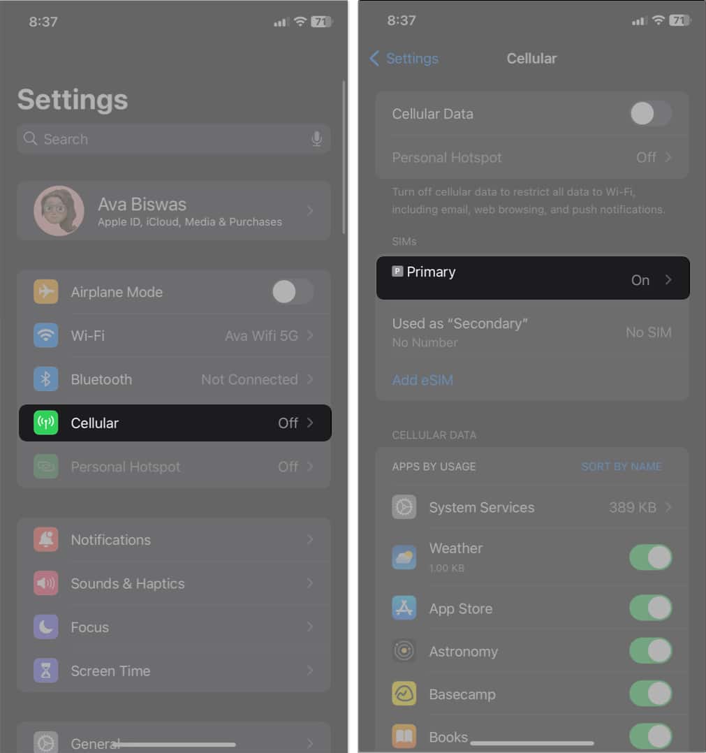 tap cellular phone number in settings