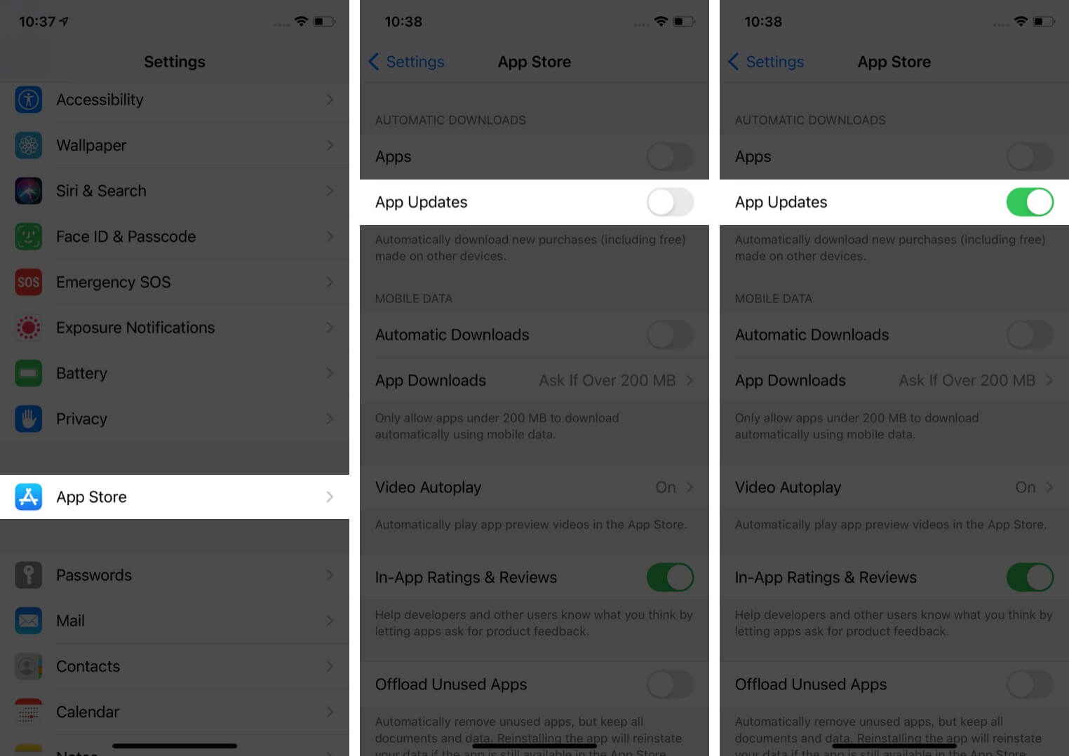 Tap on App Store in Settings and Enable App Updates on iPhone
