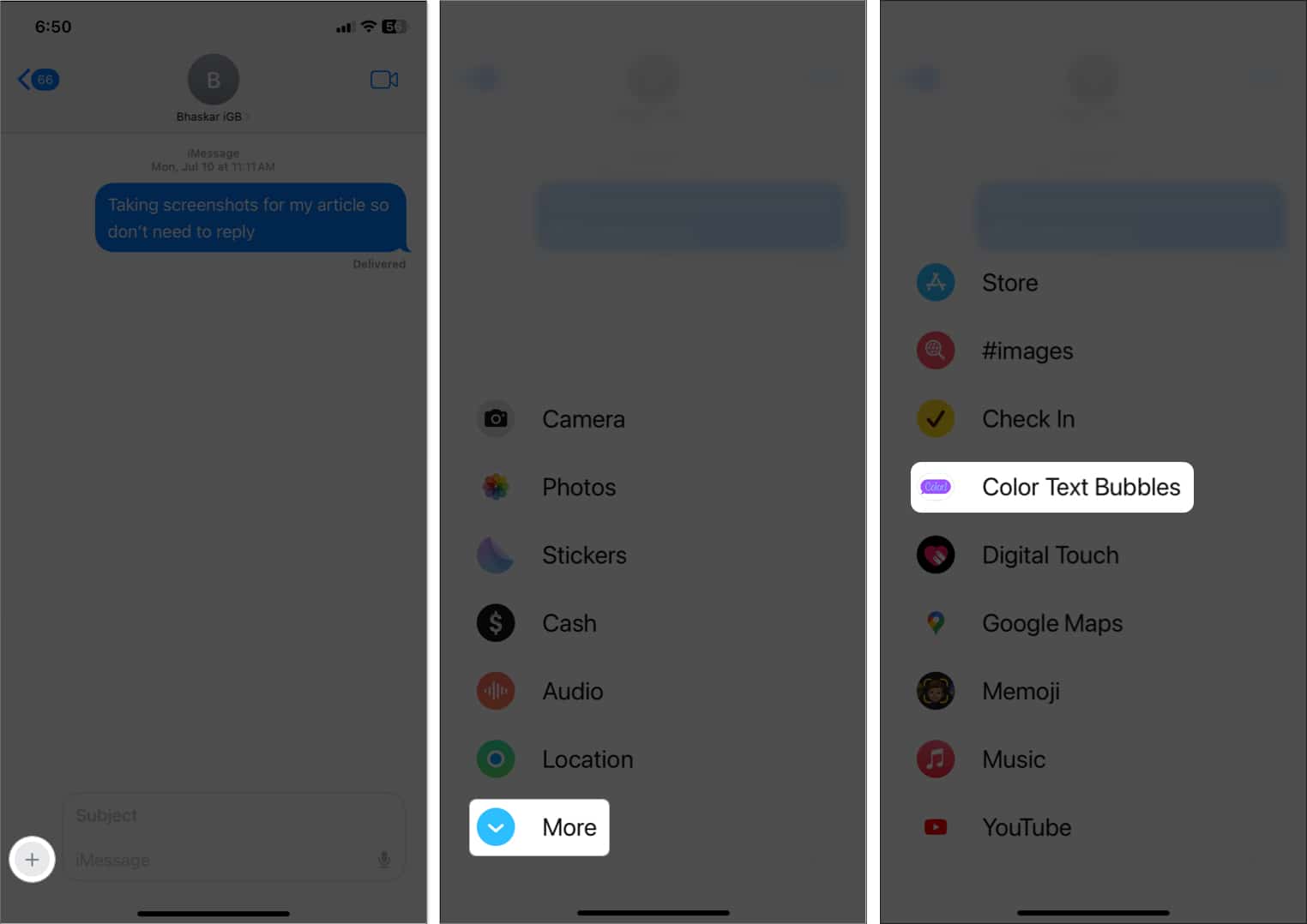 tap plus sign, select more, color text bubbles in messages