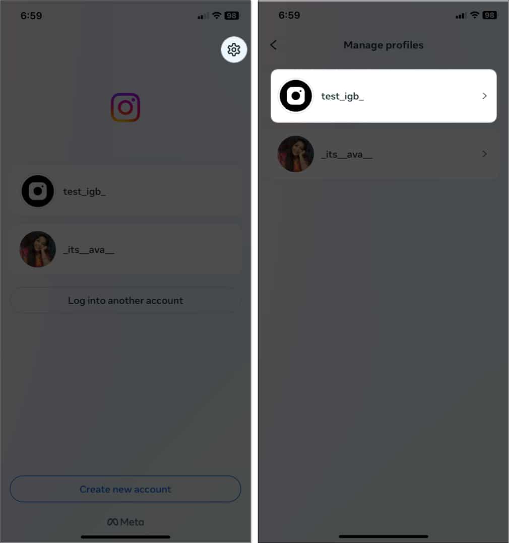 tap the settings icon, select a account on Instagram login page