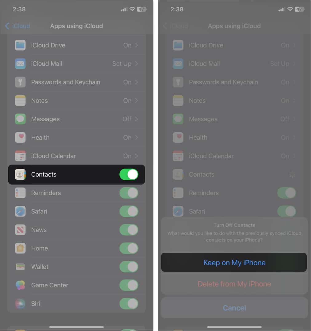 toggle off Contacts, tap keep on my iPhone in Settings