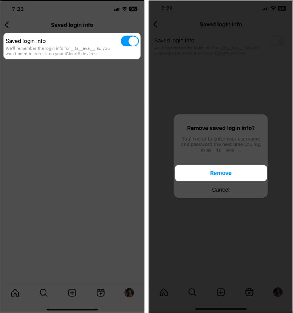 toggle off saved login info, tap remove in instagram