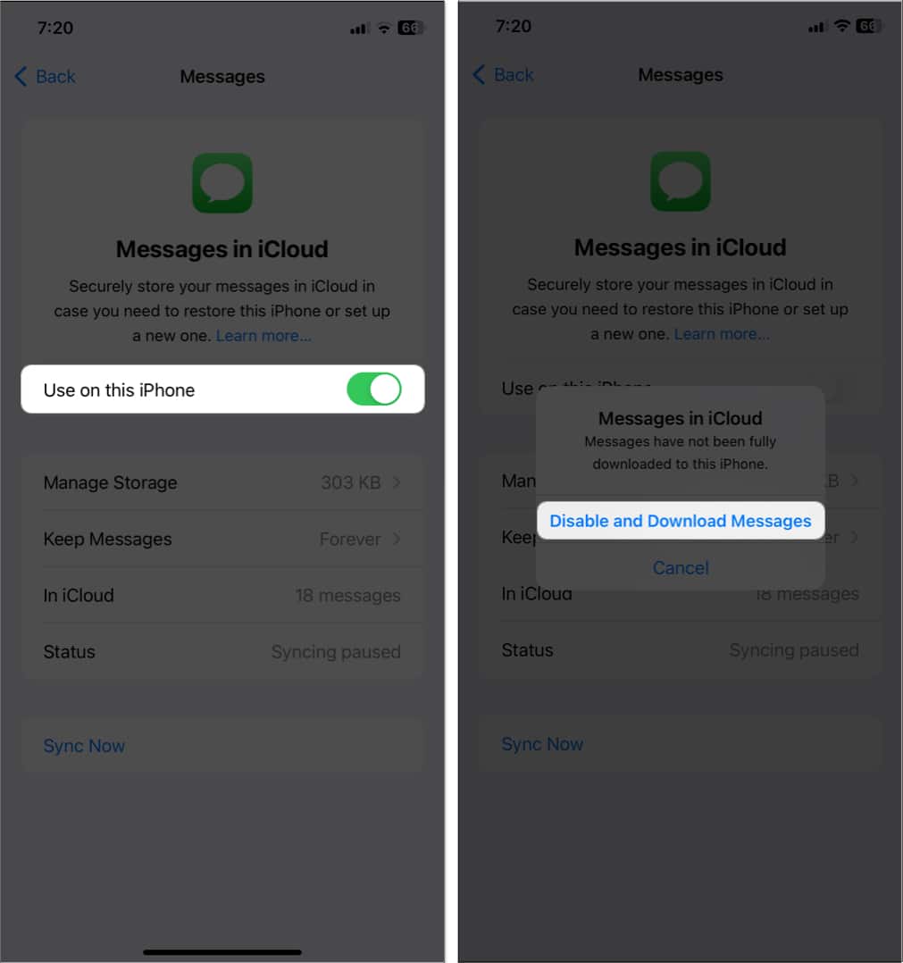toggle off use on this iphone and tap disable and download messages in icloud settings