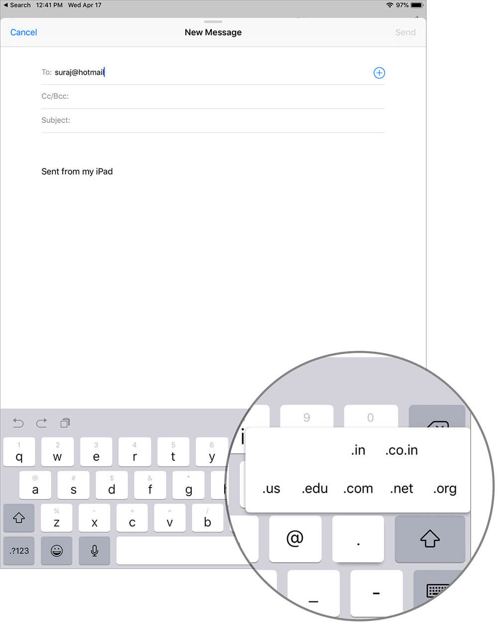 Access Top Level Domain Keyboard Shortcut in Mail app for iPad