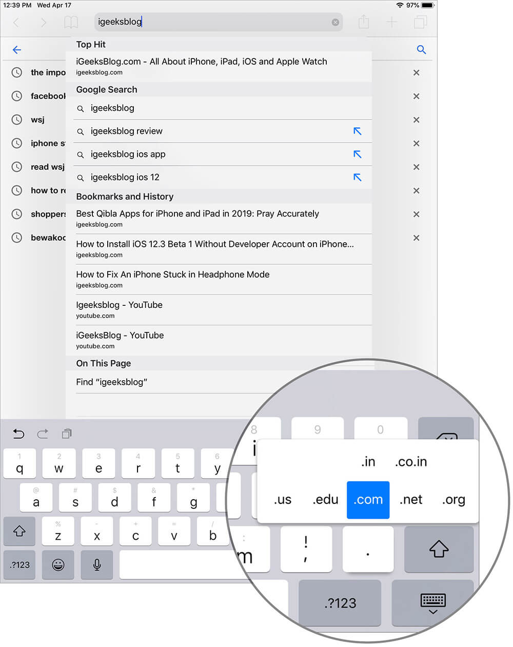 Access Top Level Domain Keyboard Shortcut in Safari for iPad