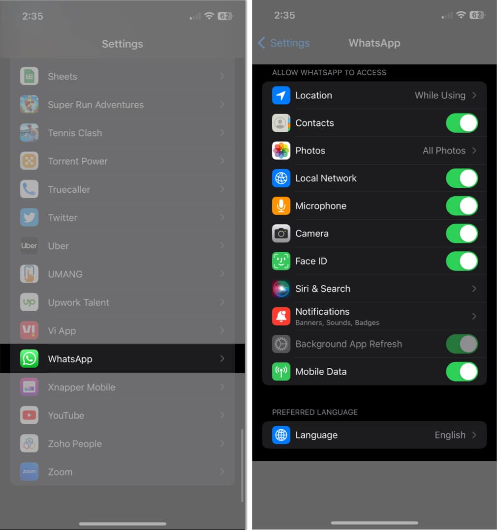 Access WhatsApp, view configuration in the settings app