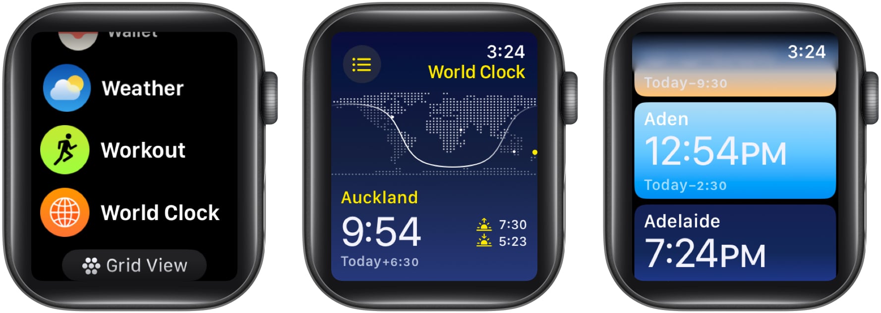 Access World Clock app, the hamburger icon, select a city