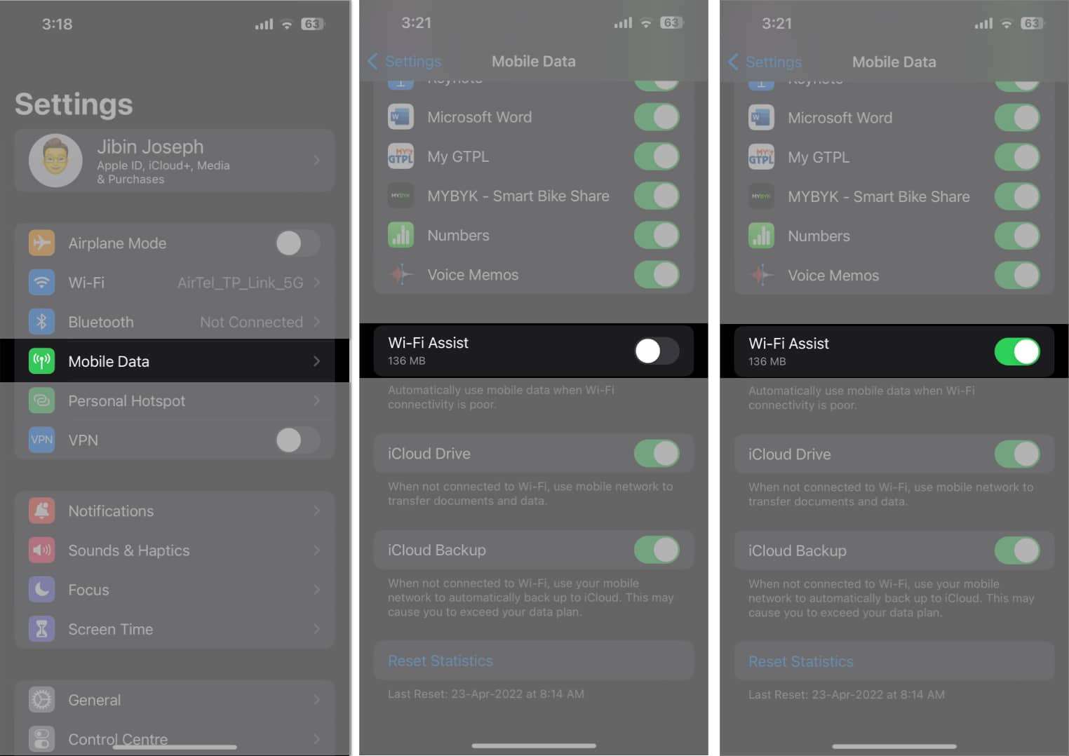 Access mobile data, toggle on Wi-Fi Assist on the settings app