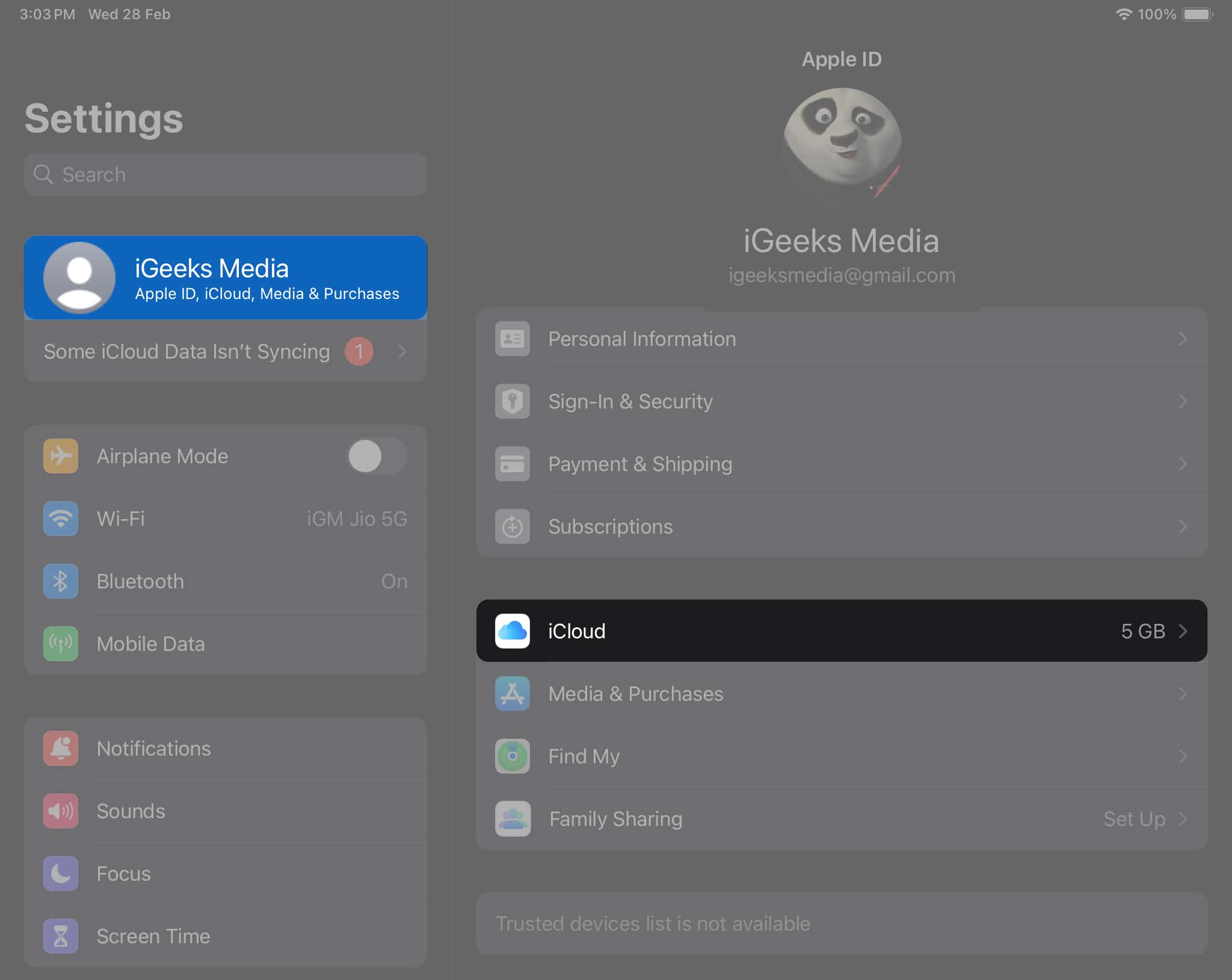 Go to Settings, iCloud menu on iPad