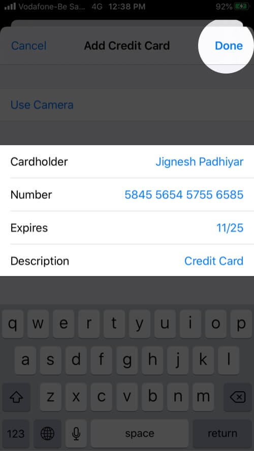 Add Credit Card Details in iCloud Keychain on iPhone