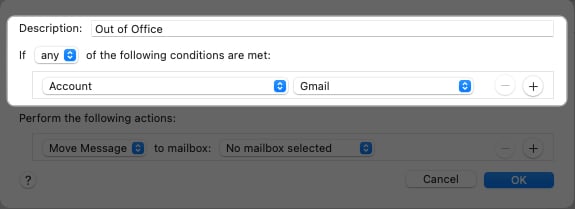 Add Description, choose conditions in Mail app on Mac