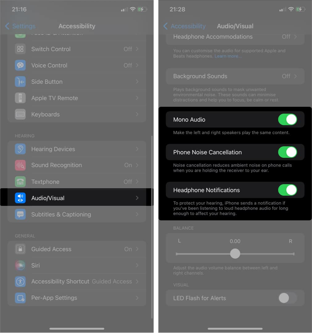 Adjust Audio/Visual settings on iPhone