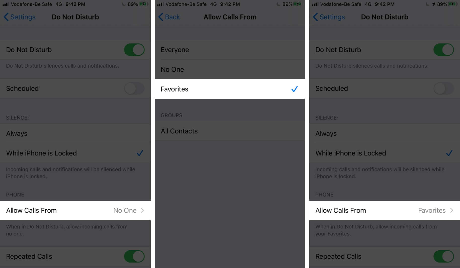 Allow Calls from Favorites When Do Not Disturb ON