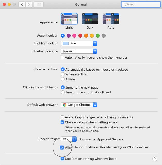 Allow Handoff between this Mac and your iCloud devices on Mac