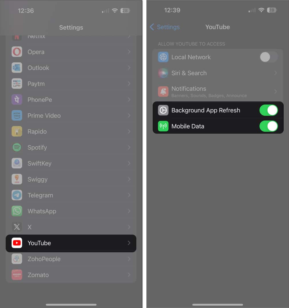 Allow cellular data and background app refresh for YouTube app