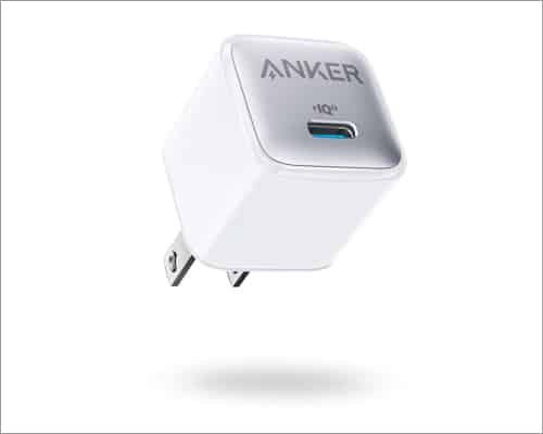 White colored portable wall charger for iPhone by Anker