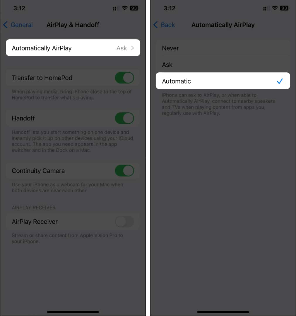 Automatic AirPlay settings in AirPlay and Handoff settings