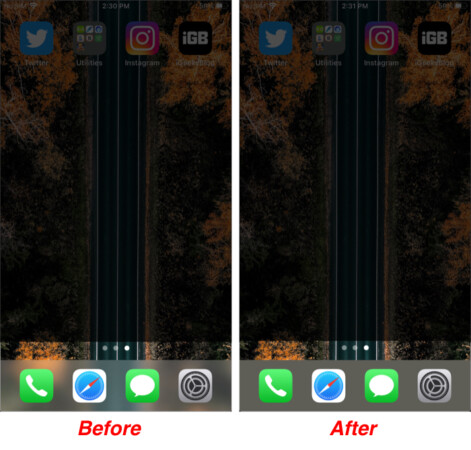 Before & After effect of changing Dock color on iPhone