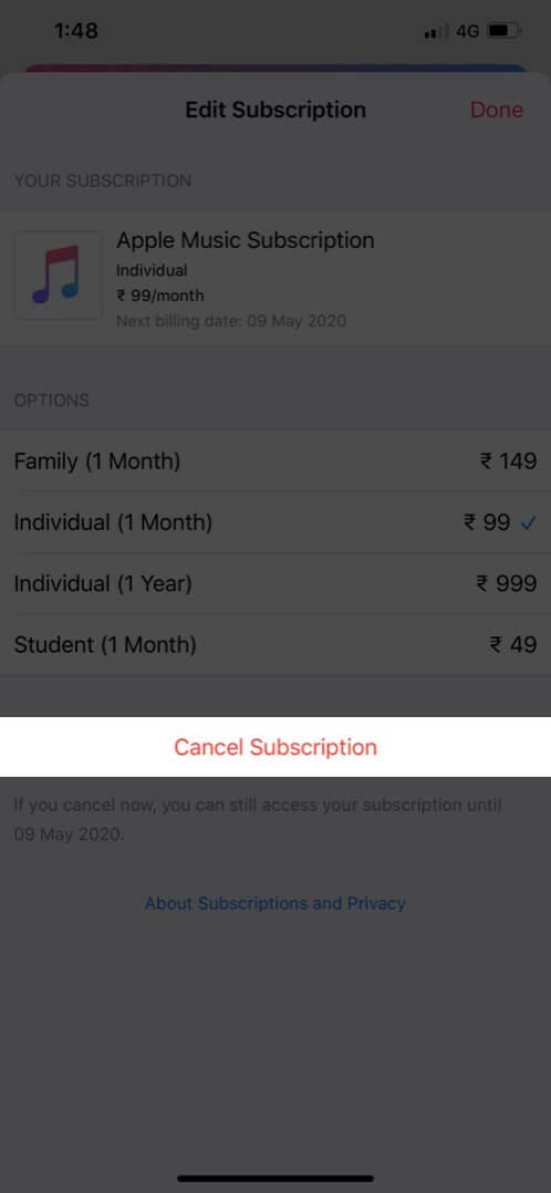 Cancel Individual Music Plan in Apple Music App on iPhone