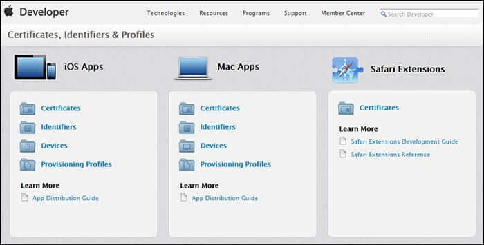 Certificates Options in Apple Developer Portal