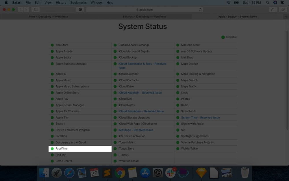Check FaceTime Server Status on Apple's System Page