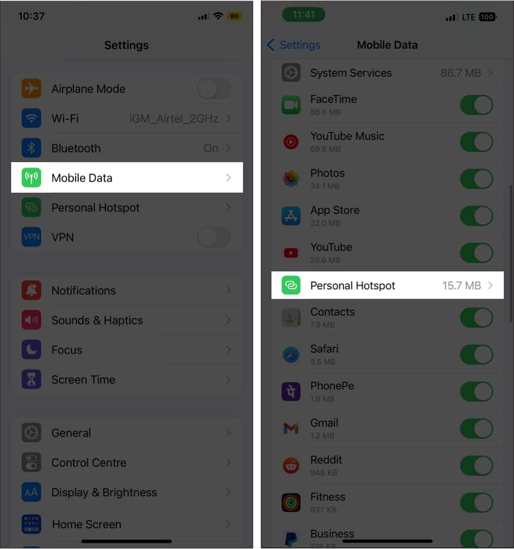 Check data consumption of Personal Hotspot on iPhone 