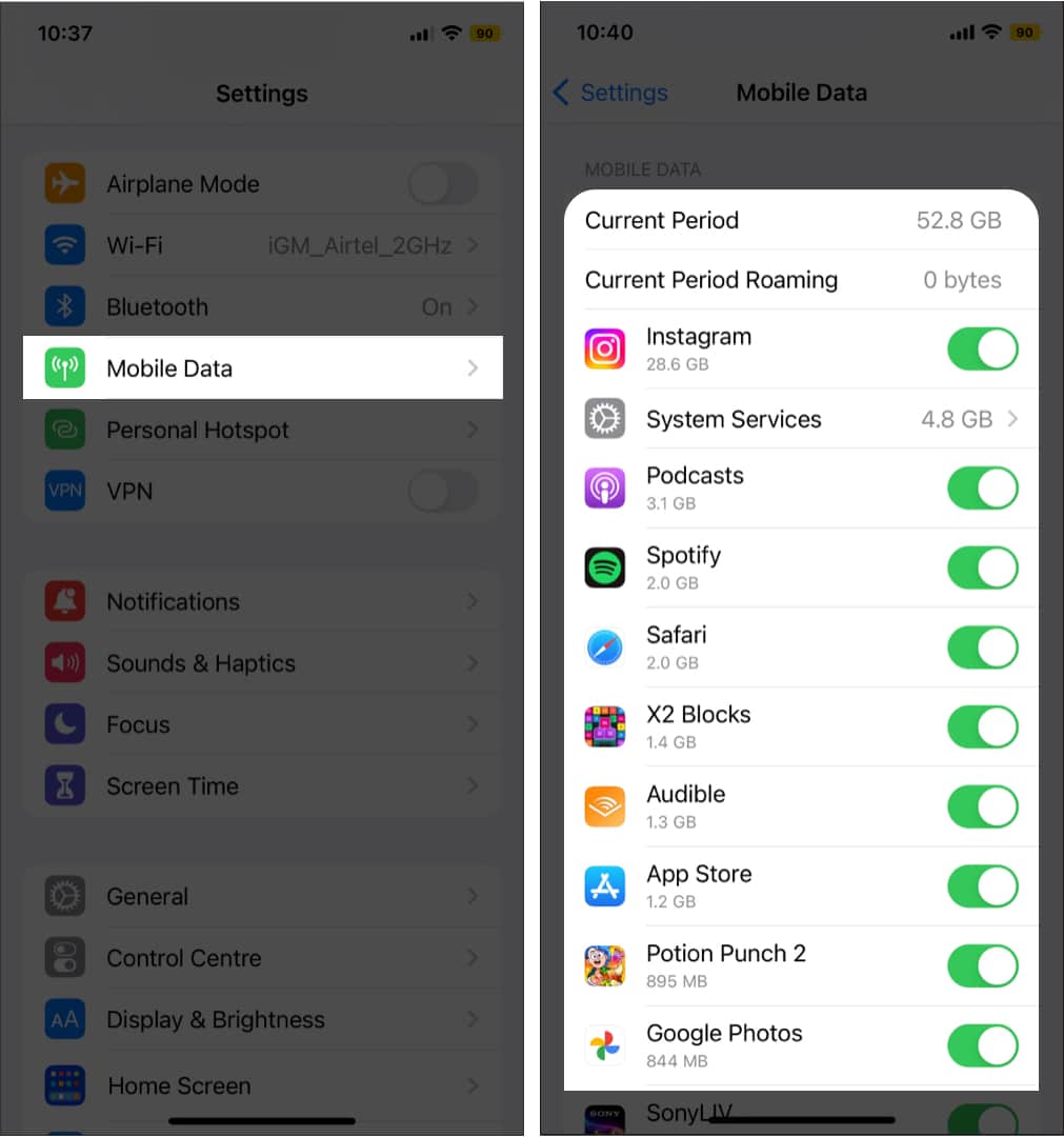 Check data usage for individual apps on iPhone