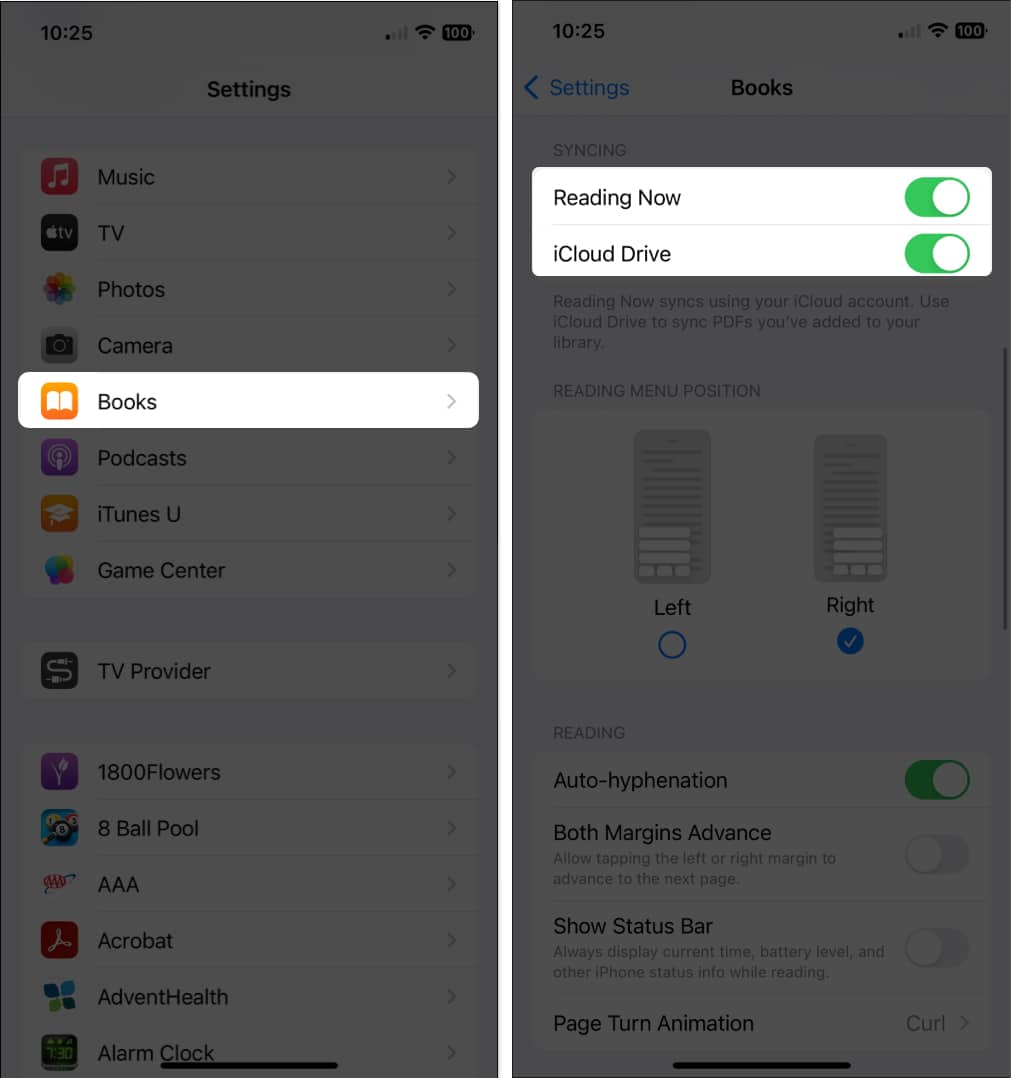 Choose Books and toggle on Reading Now and iCloud Drive