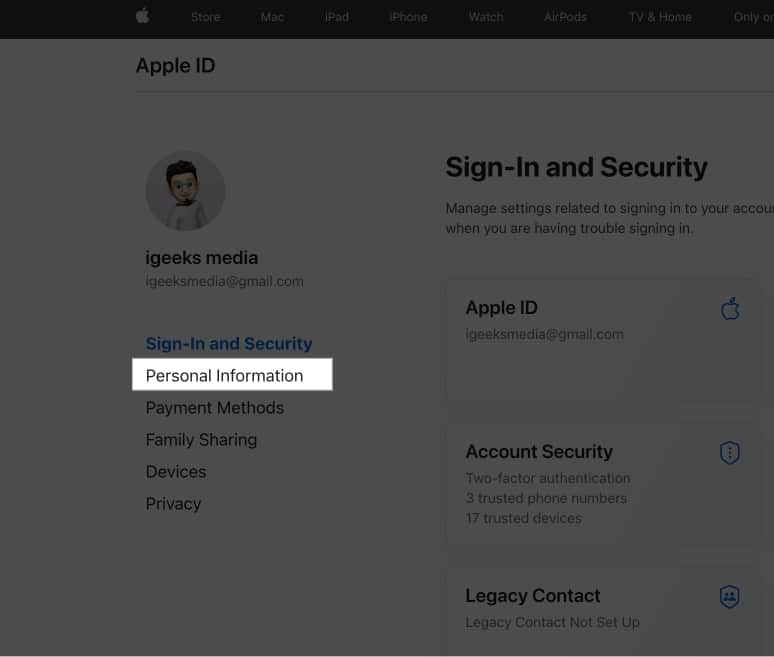 Choose Personal Information in Apple Web