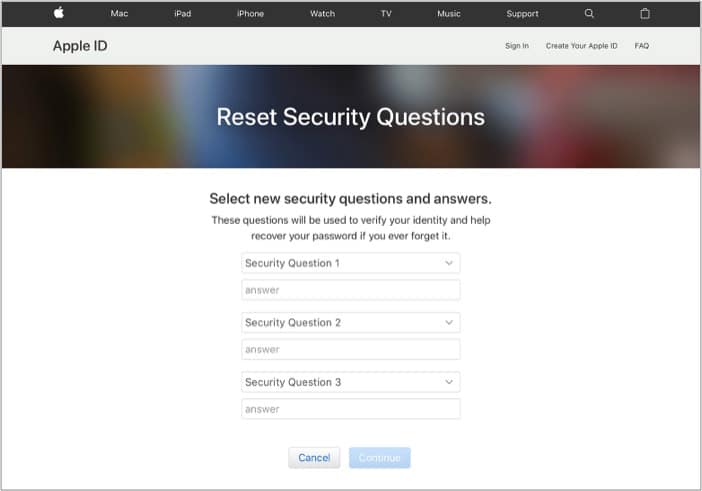Choose new security questions for Apple ID