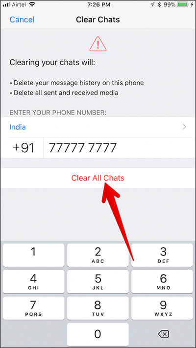 Clear All WhatsApp Chat on iPhone