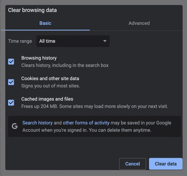 Clear Browsing Data to clear up space on macbook