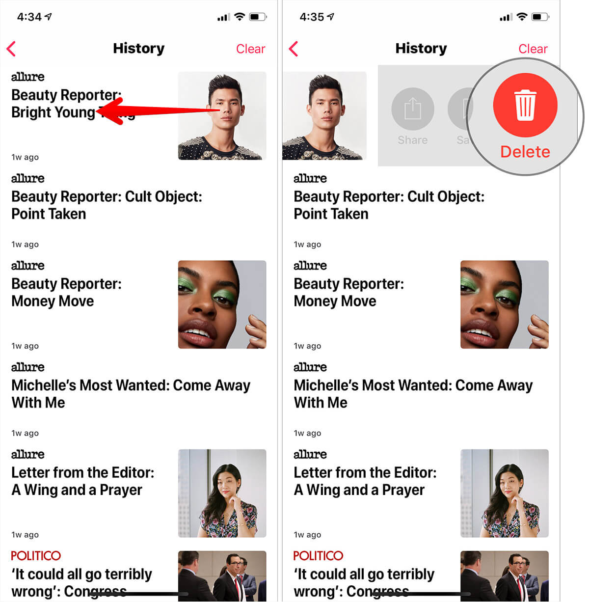 Clear individual apple news history on iphone and ipad