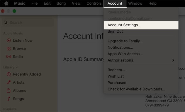 Click Account Settings on Mac