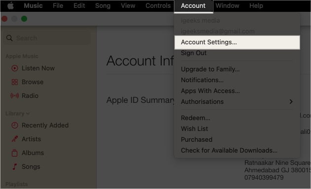 Click account settings on mac