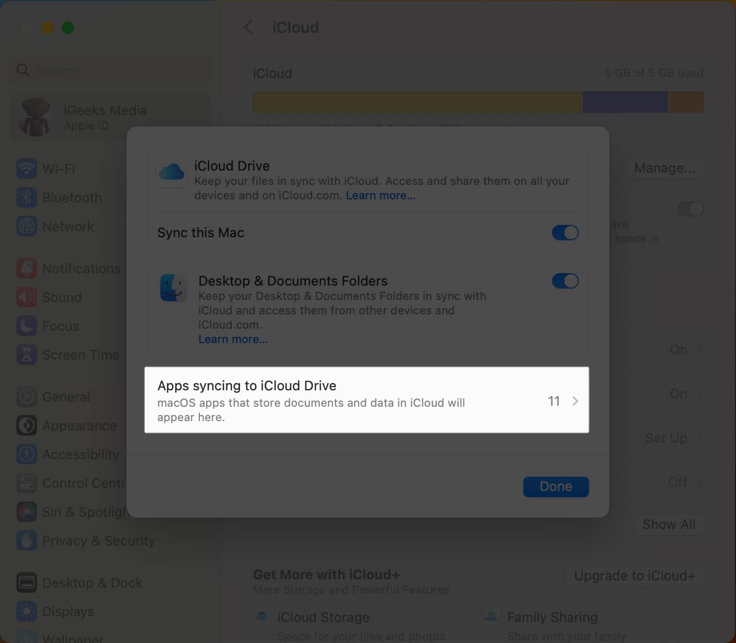 Click Apps syncing to iCloud Drive