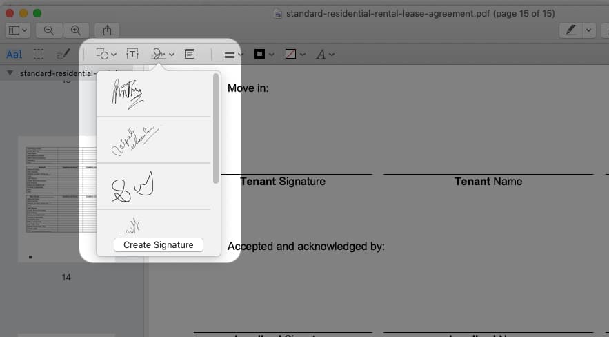 Click Signature icon, Select signature from the list or click Create Signature