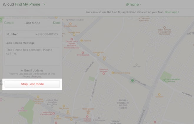 Click Stop Lost Mode to disable it